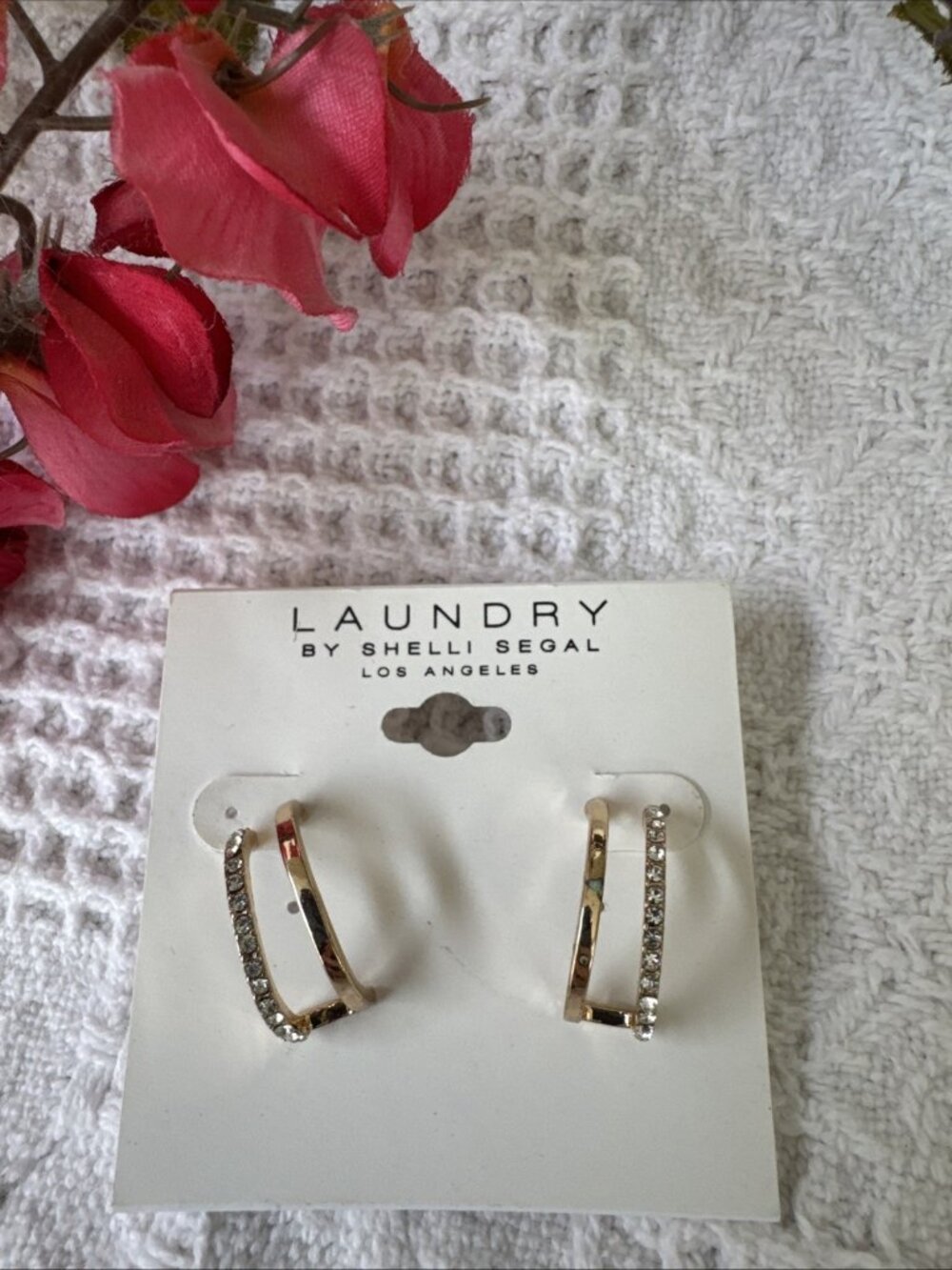 Laundry Shelli Segal Rhinestone Double Bar Hoop Earrings Gold Tone 1" NEW
